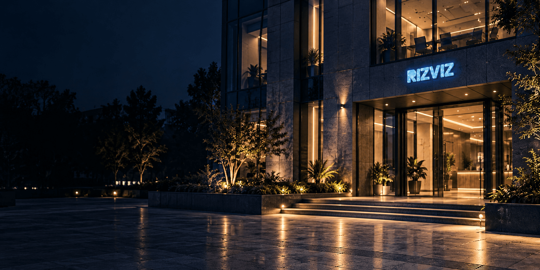 The Rizviz office entrance at night