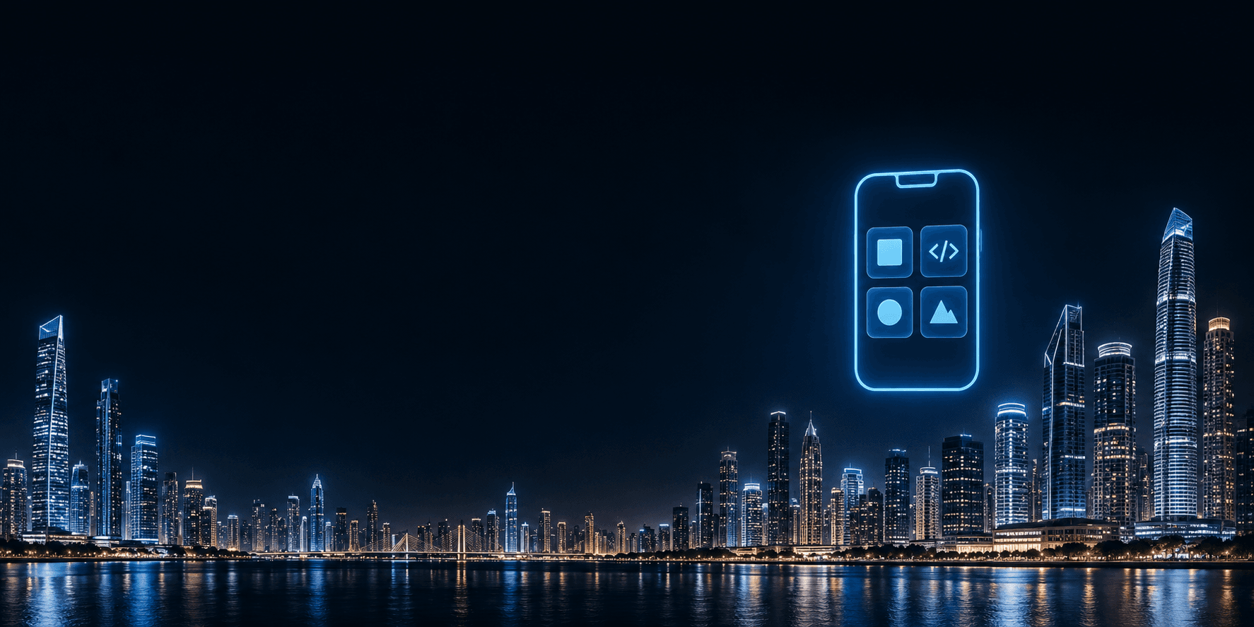 A glowing mobile app icon above a city skyline at night