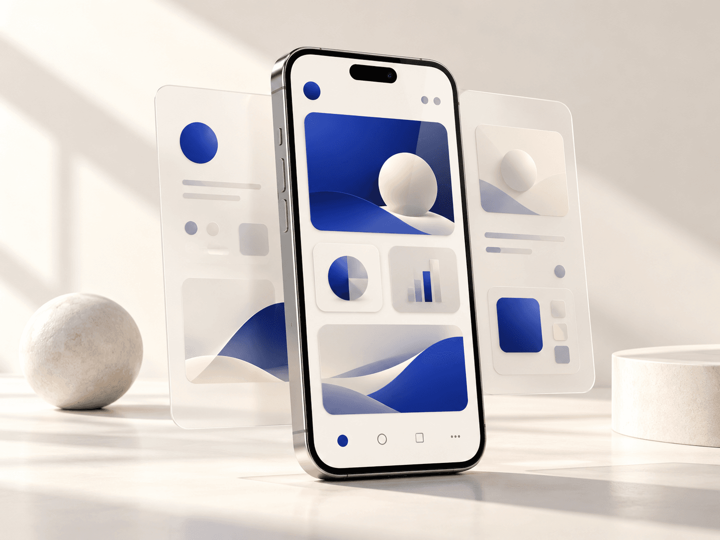 A smartphone showing an app interface between floating screens