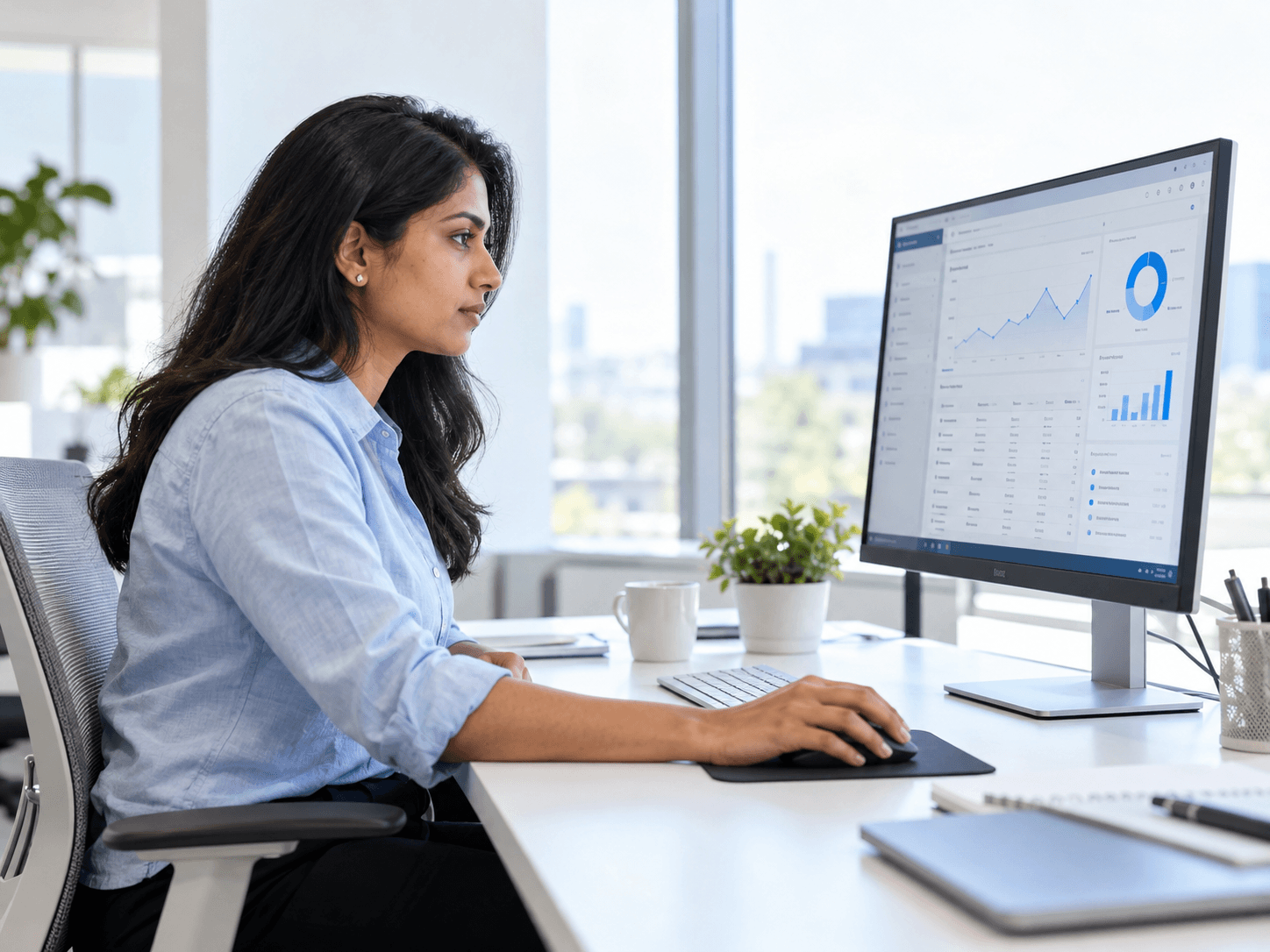 An engineer reviewing a data dashboard at her desk