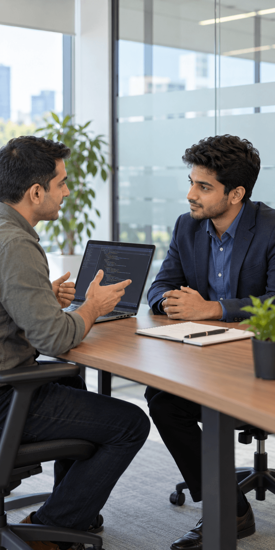 Two colleagues talking through a technical interview