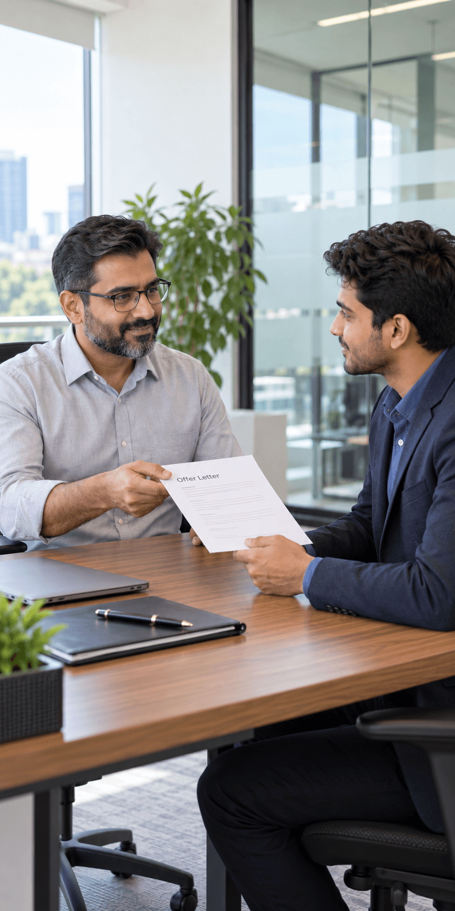 A manager handing a new hire their offer letter