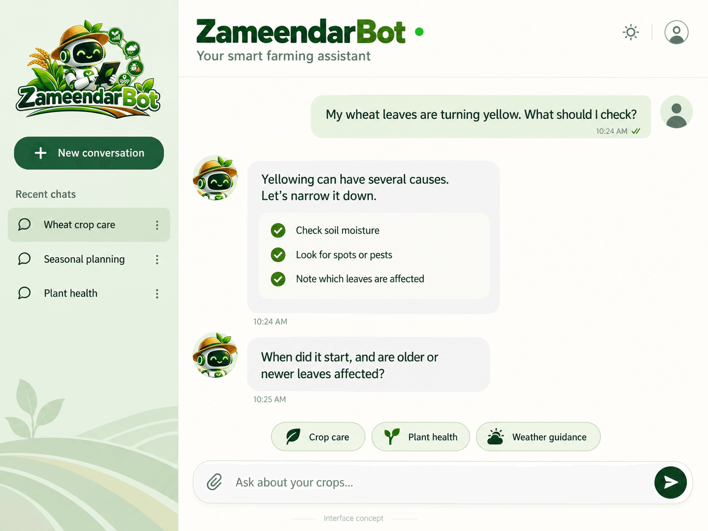 The ZameendarBot chat answering a farmer's question about yellow wheat leaves