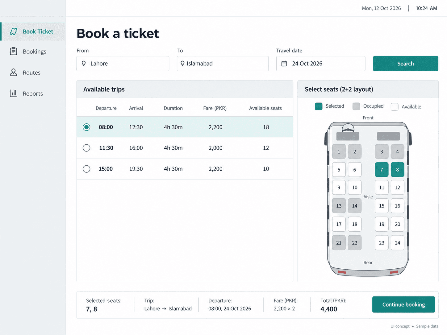 The Bus Ticketing System booking screen with trips and a seat map