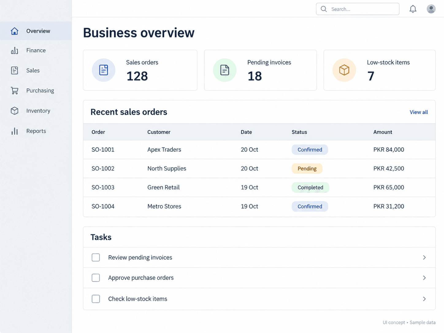 The ERP suite business overview with sales orders, invoices and tasks