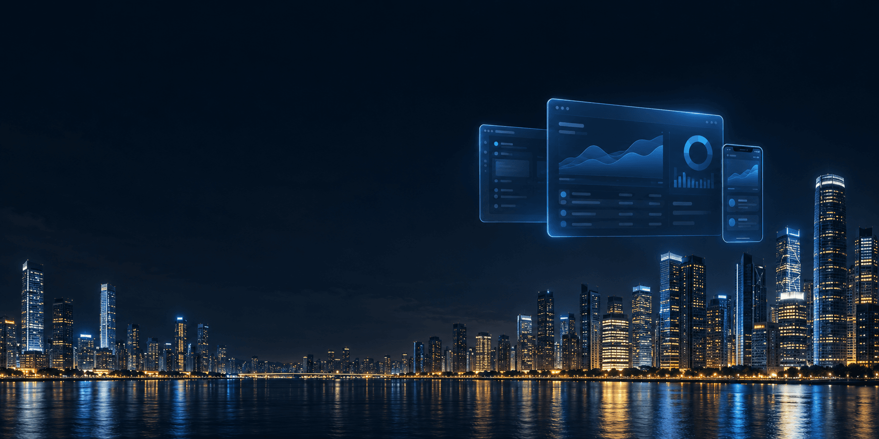 Glowing dashboard and phone screens above a city skyline at night