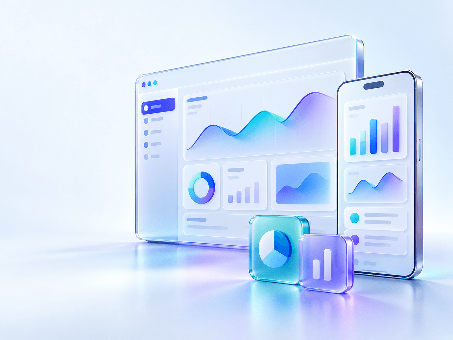 Glass dashboard, phone and chart icons showing business data