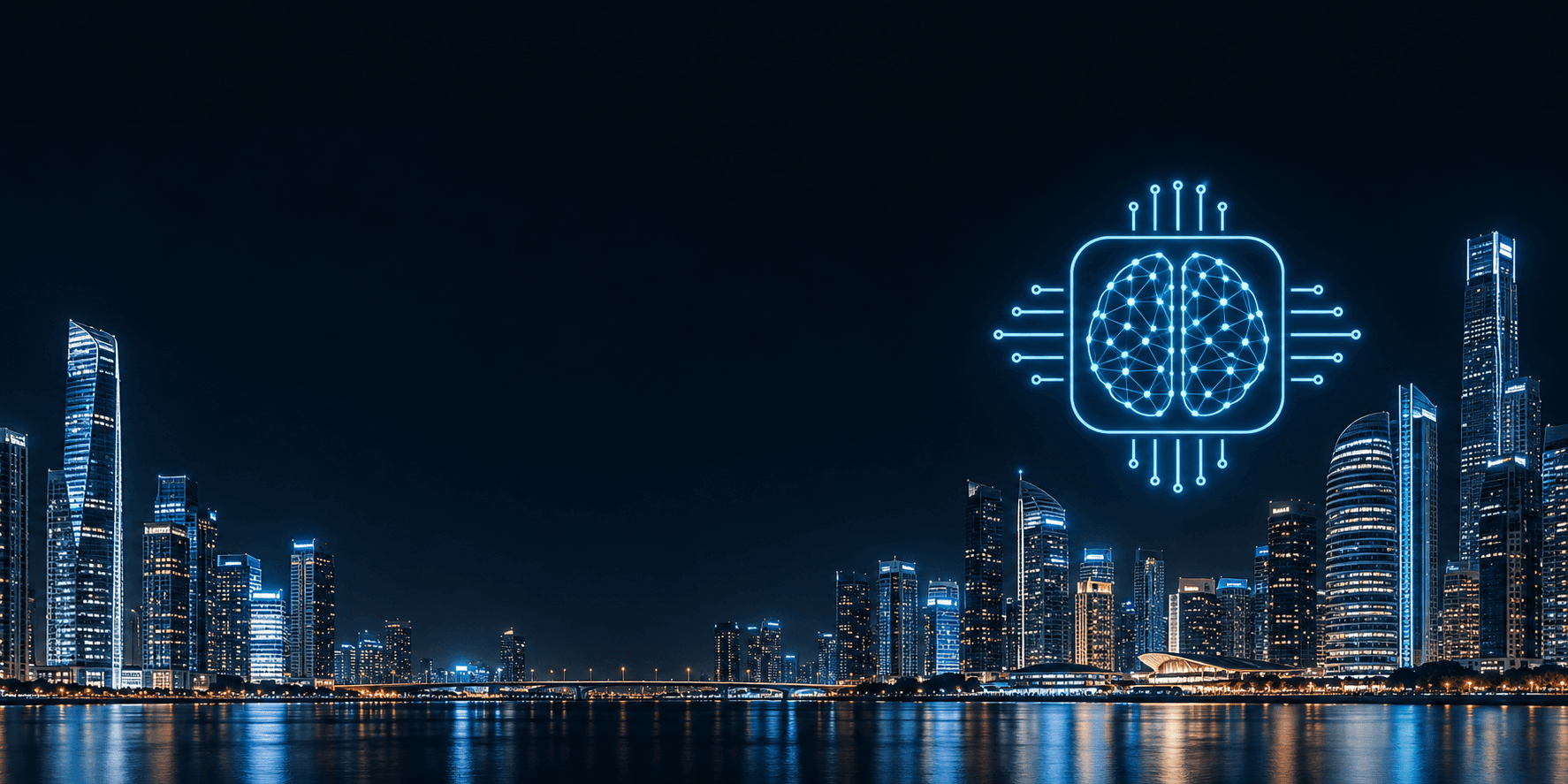 A glowing circuit-brain icon above a city skyline at night