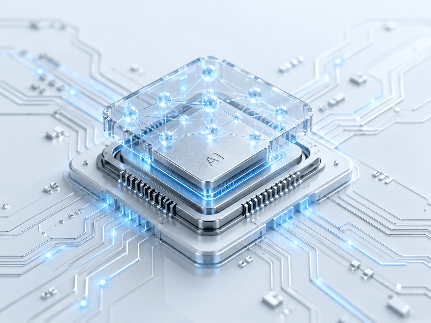 A glowing AI chip with a transparent neural network on top of a circuit board