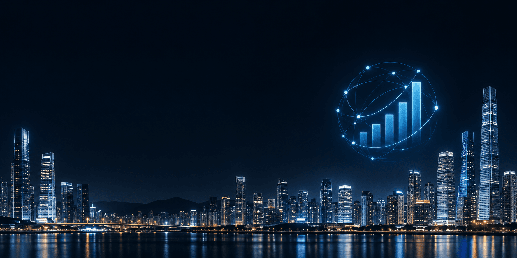 A glowing data chart and network globe above a city skyline at night