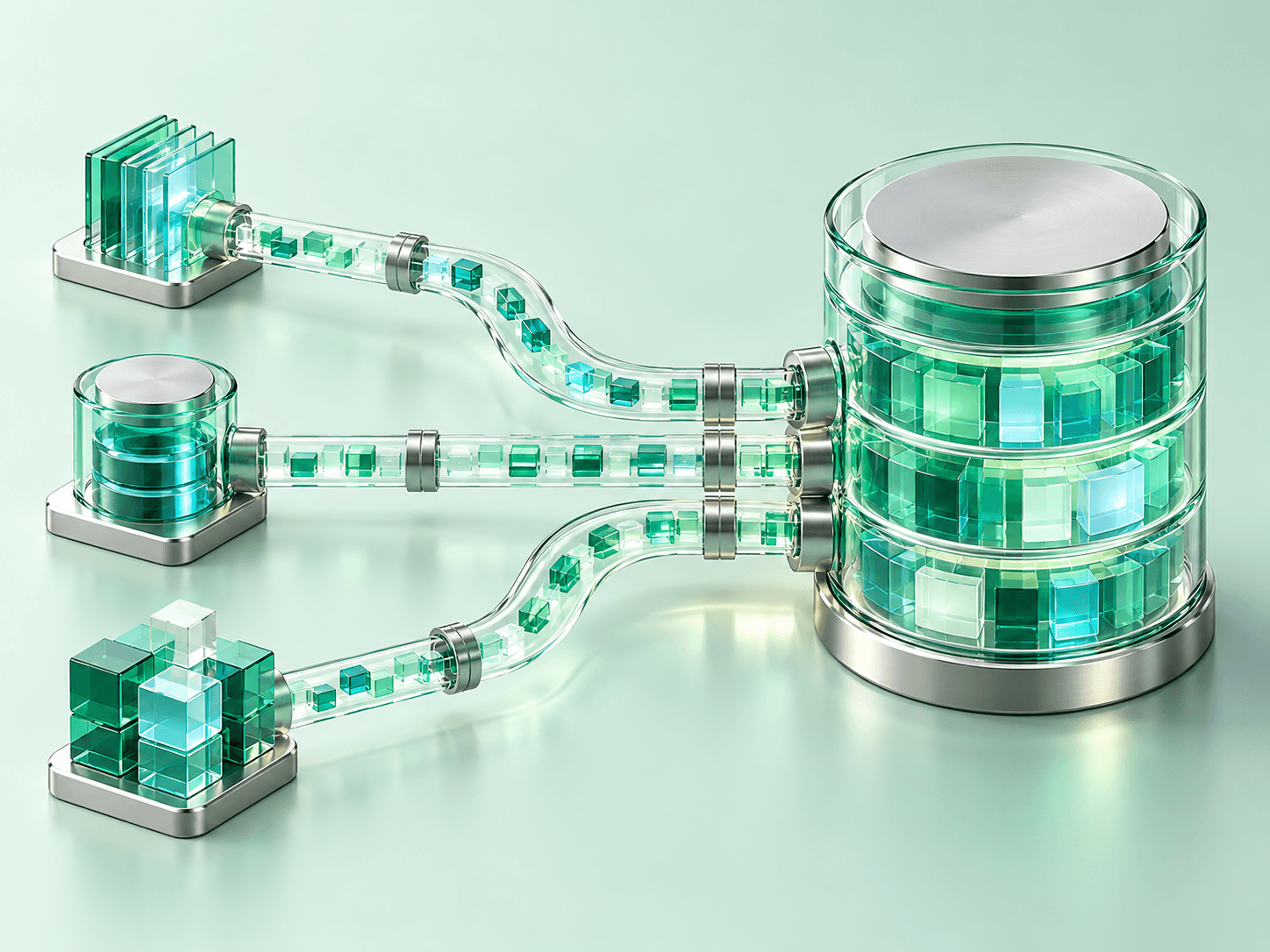 Glass data sources linked by pipelines to a central data warehouse