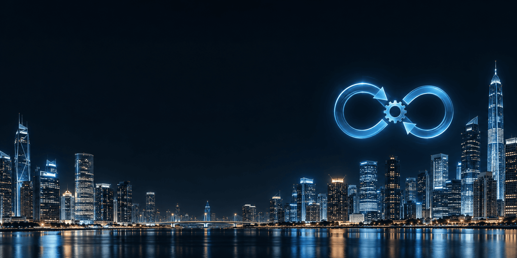 A glowing DevOps infinity loop above a city skyline at night