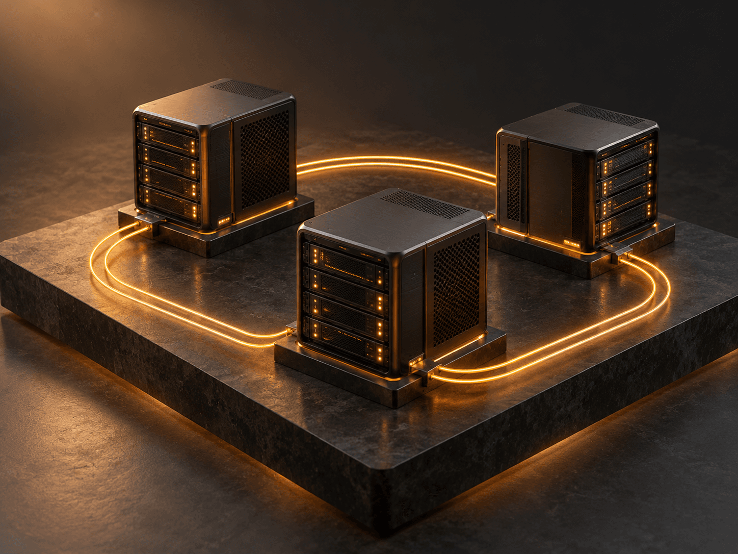Three servers on a platform linked by glowing connections