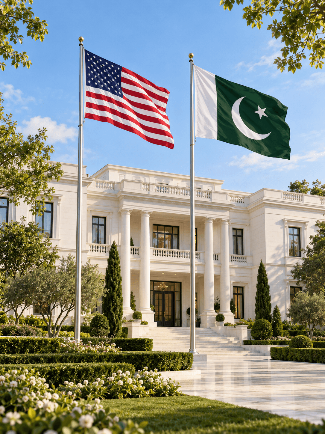 The American and Pakistani flags outside a white building