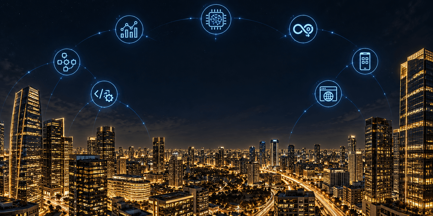A city skyline at night with connected icons for AI, data, DevOps, software, mobile and web