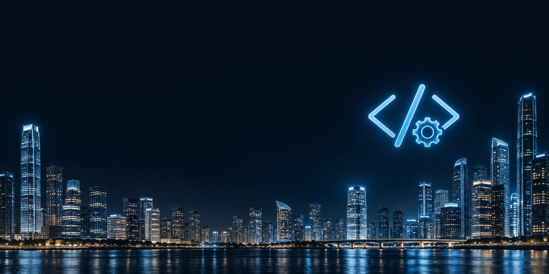 A glowing code and gear icon above a city skyline at night