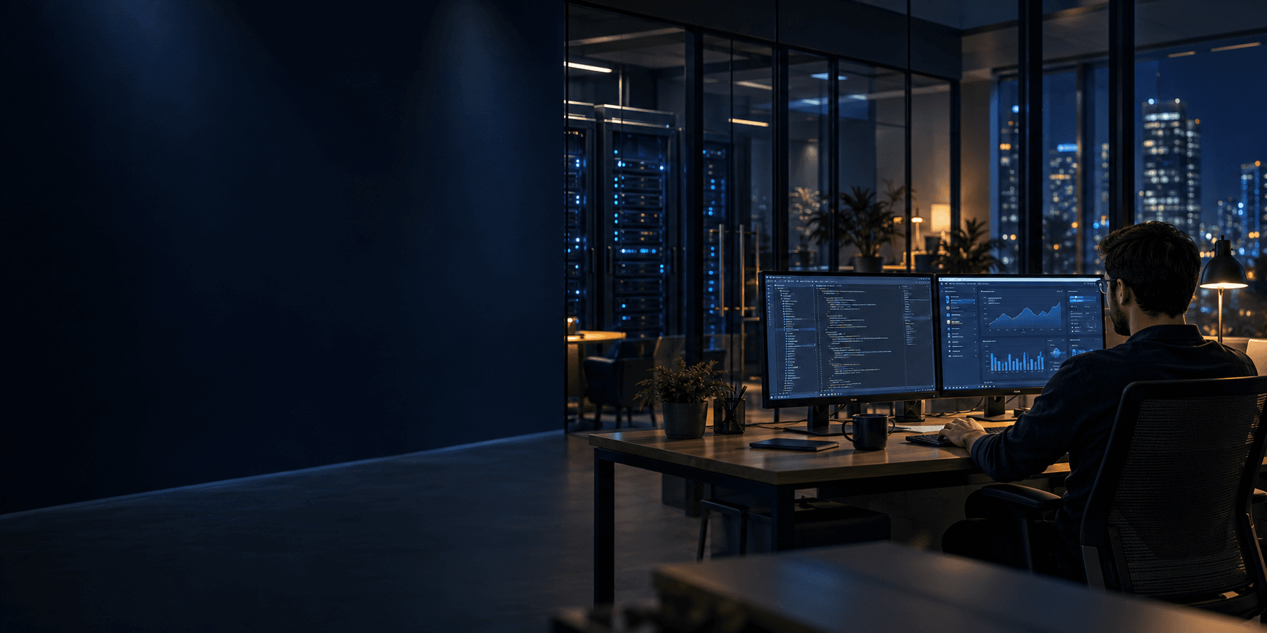 An engineer working at a desk with code and dashboards on two monitors