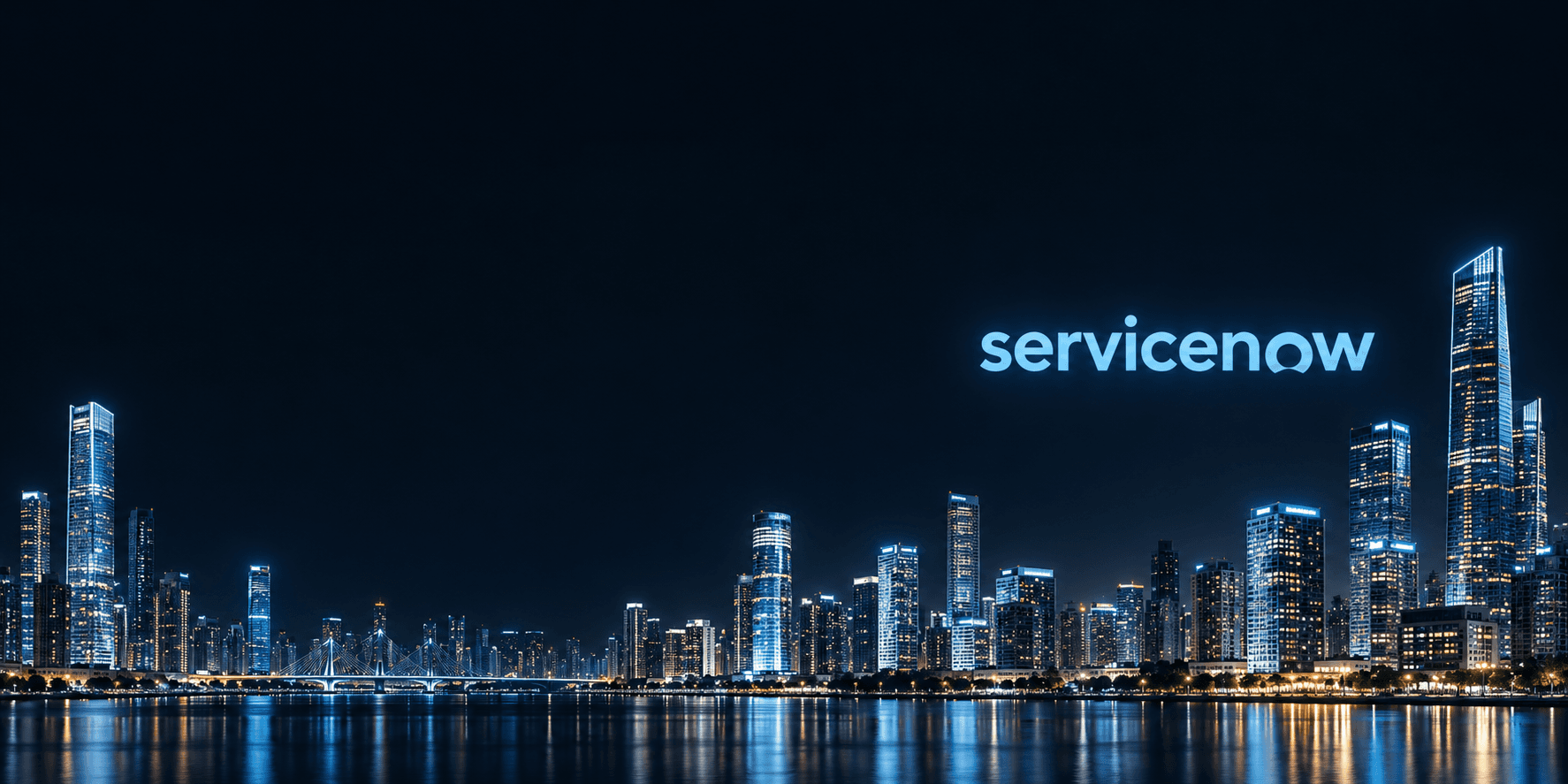 The ServiceNow logo glowing above a city skyline at night