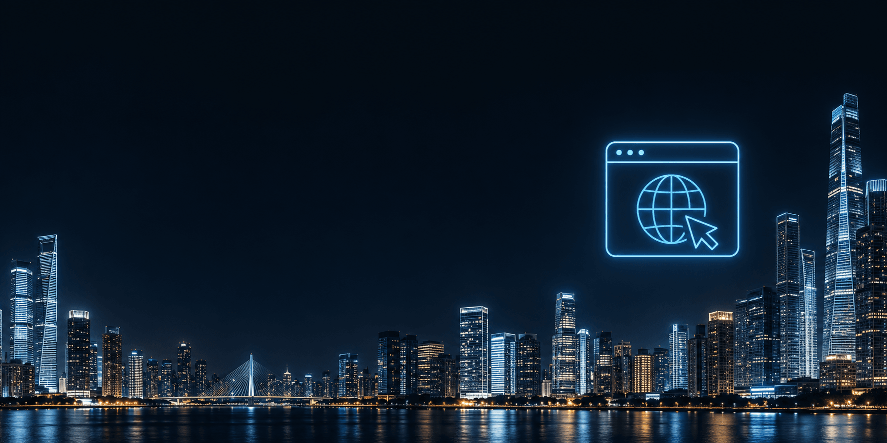 A glowing browser and globe icon above a city skyline at night